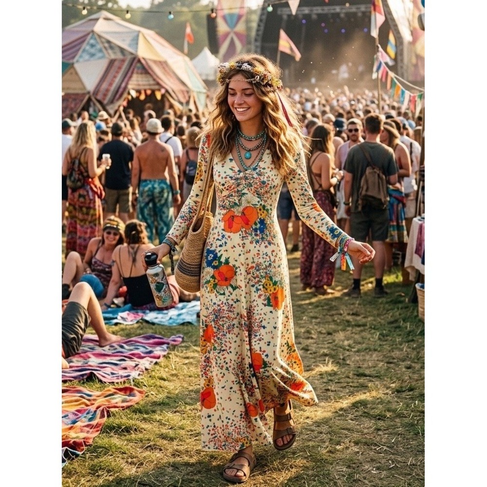 VTG 70s Floral Maxi‎ Dress S Long Sleeve Psychedelic Cottagecore Prairie Boho